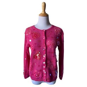 Jack B Quick Hot Pink Crochet Knit Sequin & Bead Valentine's Day Heart Cardigan
